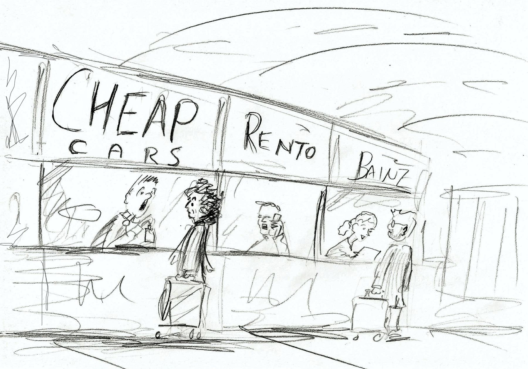 Cartoon: me at car hire desk- Paphos airport