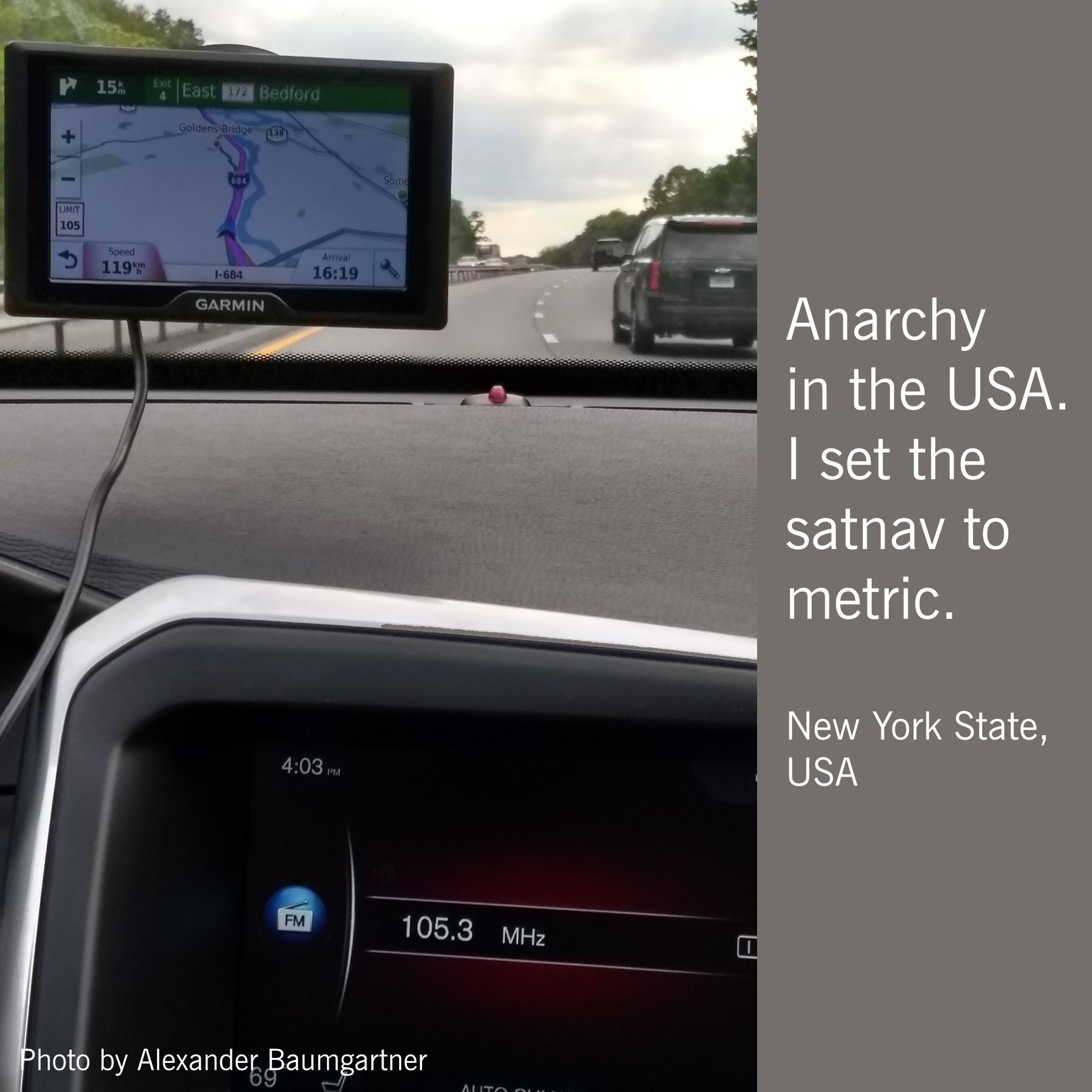 Anarchy in the USA. I set the satnav to metric. 